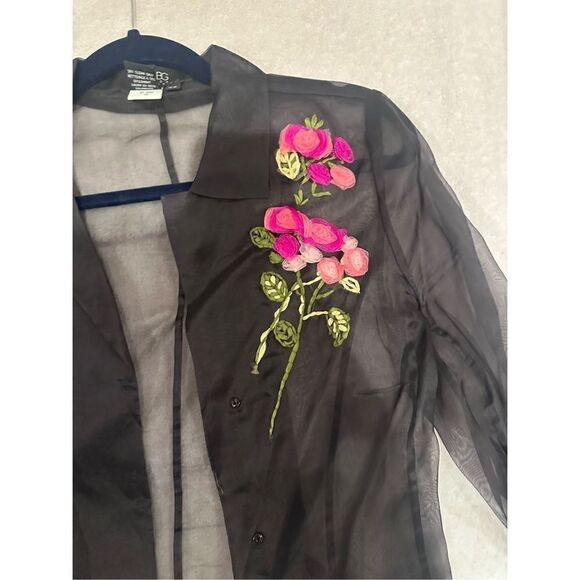 BCBG MAXAZRIA SIZE XS black womens sheer top blouse long sleeve with flower desi - Picture 3 of 6